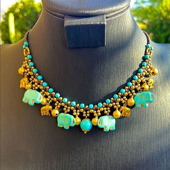 Turquoise & Gold Elephant Jingle Charm Necklace - Picture 1 of 10